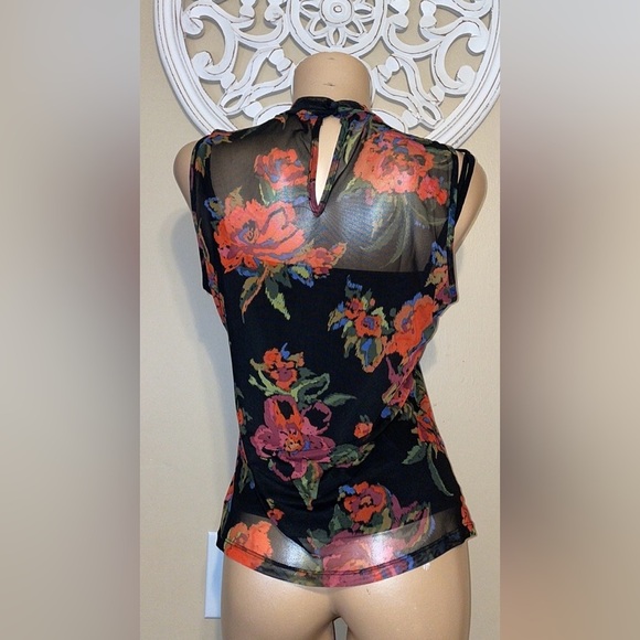 Vince Camuto womens blouse large 12 14 top mock Black Red Floral Sheer mesh cami - Picture 4 of 9